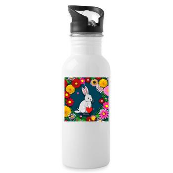 Osterhase hält Herz Blumenmuster - Trinkflasche mit integriertem Trinkhalm - Weiß - Rechts