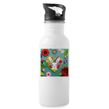 Viele Blumen und ein Osterhase - Trinkflasche mit integriertem Trinkhalm - Weiß - Rechts