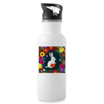 Hase hält Herz - Trinkflasche mit integriertem Trinkhalm - Weiß - Rechts