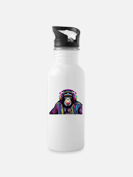 Chimpanzee with headphones in colorful - Water bottle with straw - white