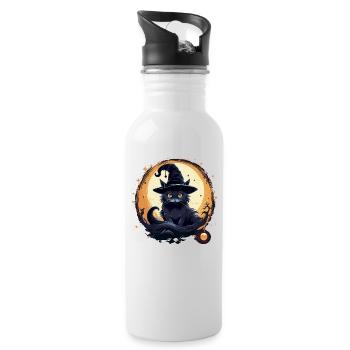 Schwarze Katze mit Hexenhut - Trinkflasche mit integriertem Trinkhalm - Weiß - Rechts