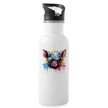 Lustiges Ferkel mit Sonnenbrille - Trinkflasche mit integriertem Trinkhalm - Weiß - Rechts