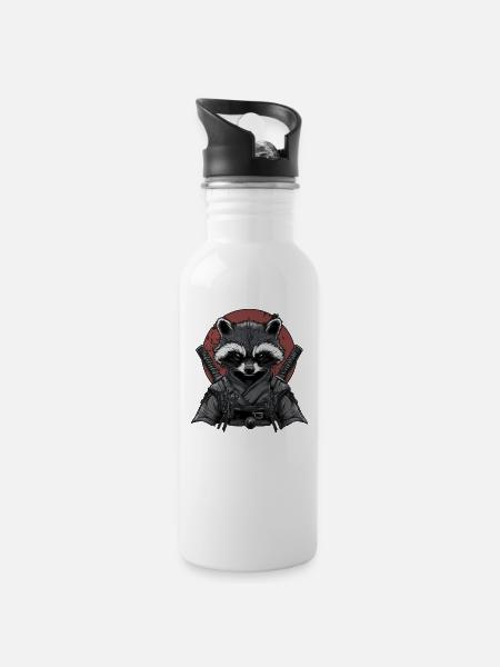 Waschbär Ninja - Trinkflasche mit integriertem Trinkhalm - Weiß