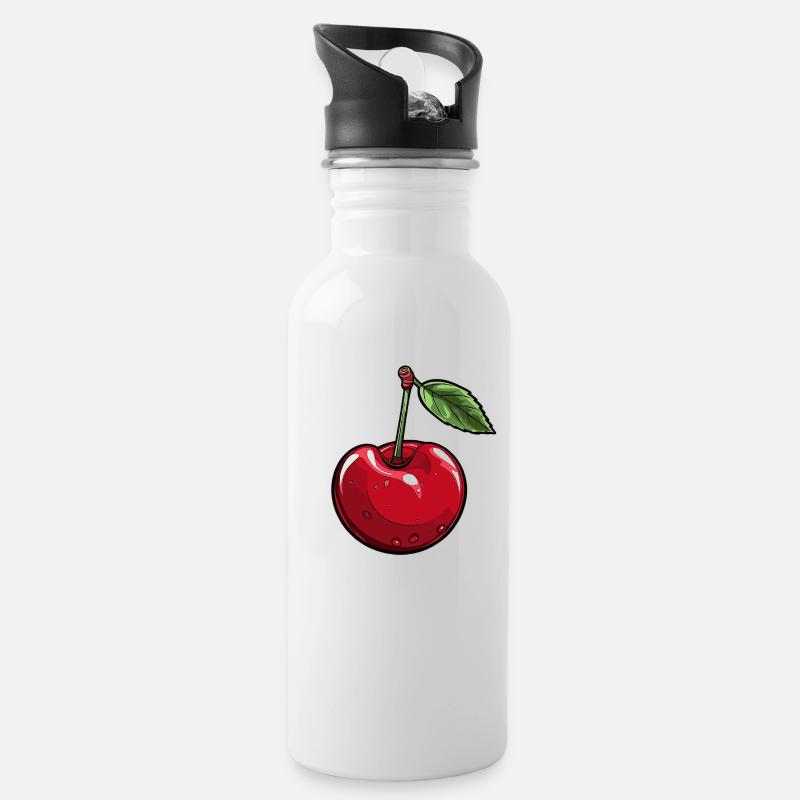 Rote Cherry Kirsche - Trinkflasche mit integriertem Trinkhalm - Weiß