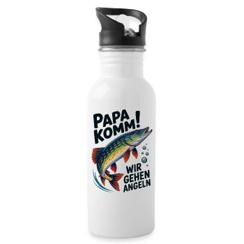 Papa komm wir gehen Angeln springender Hecht - Trinkflasche mit integriertem Trinkhalm - Weiß - Rechts