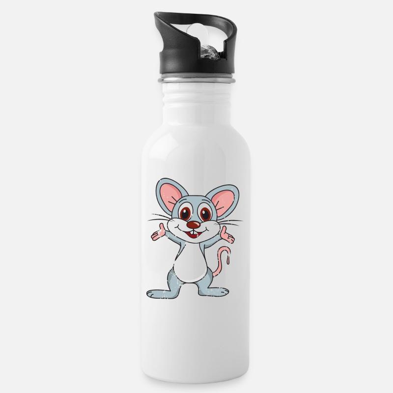 Retro Vintage Grunge Style Maus - Trinkflasche mit integriertem Trinkhalm - Weiß