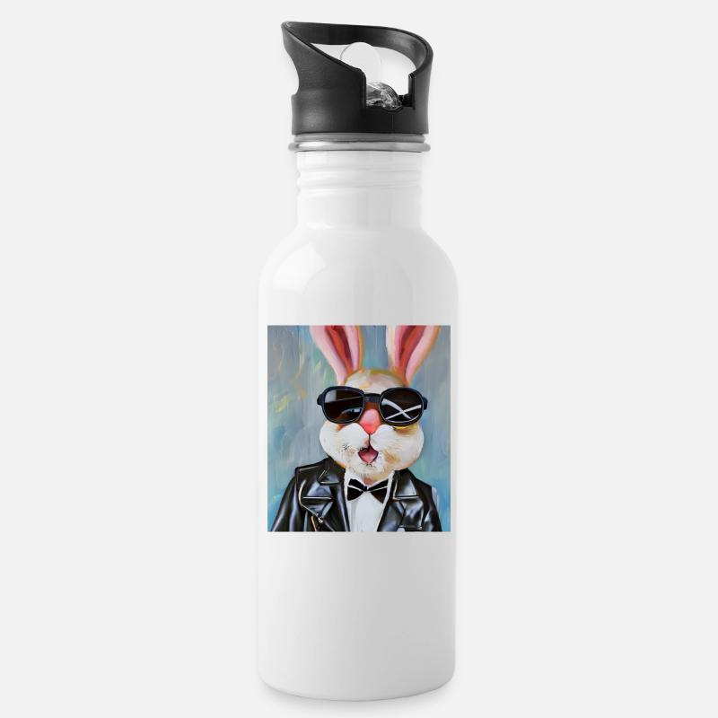 Stylischer Hase - Trinkflasche mit integriertem Trinkhalm - Weiß