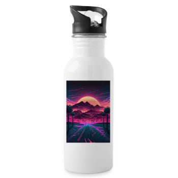 Neon Sunrise Over the Synthwave Mountains - Trinkflasche mit integriertem Trinkhalm - Weiß - Rechts