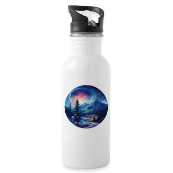 Winter landscape with aurora in the sky - Water bottle with straw - white - Right