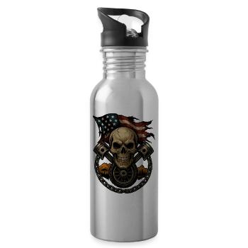 Patriotic Skull with Piston and US Flag - Water bottle with straw - silver - Right