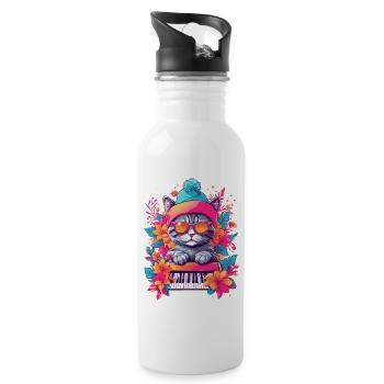 Cute Cat with Piano - Water bottle with straw - white - Right