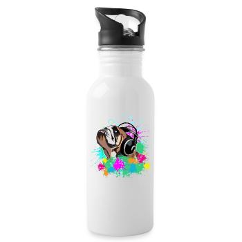 Englische Bulldogge mit Kopfhörern - Trinkflasche mit integriertem Trinkhalm - Weiß - Rechts