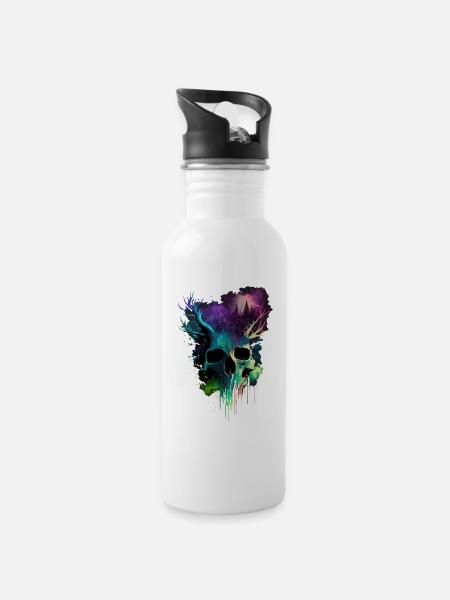 Totenkopf mit Hörnern bunt - Trinkflasche mit integriertem Trinkhalm - Weiß