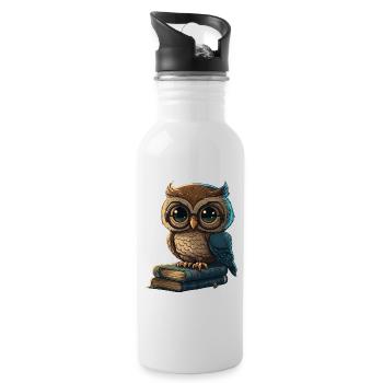 Eule und Bücher - Trinkflasche mit integriertem Trinkhalm - Weiß - Rechts