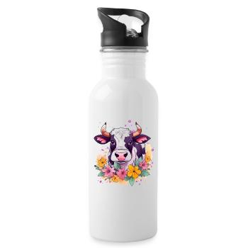 Kuh und Blumen - Trinkflasche mit integriertem Trinkhalm - Weiß - Rechts