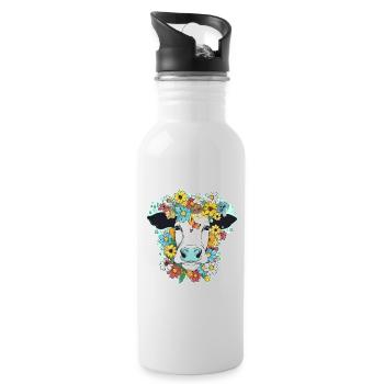 Kuh und Blumen - Trinkflasche mit integriertem Trinkhalm - Weiß - Rechts