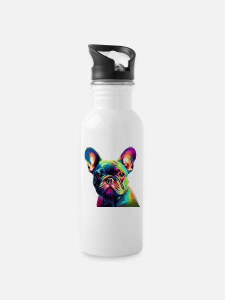 Französische Bulldogge Bunt - Trinkflasche mit integriertem Trinkhalm - Weiß