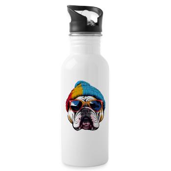 Coole englische Bulldogge mit Beanie-Mütze - Trinkflasche mit integriertem Trinkhalm - Weiß - Rechts
