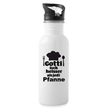 Mis Gotti isch heisser als jede Pfanne Patentante - Trinkflasche mit integriertem Trinkhalm - Weiß - Rechts