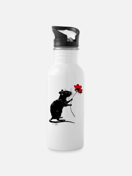 Ratte mit Blume - Trinkflasche mit integriertem Trinkhalm - Weiß