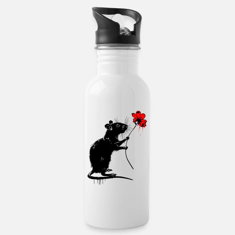 Rat avec fleur - Gourde avec paille intégrée - blanc
