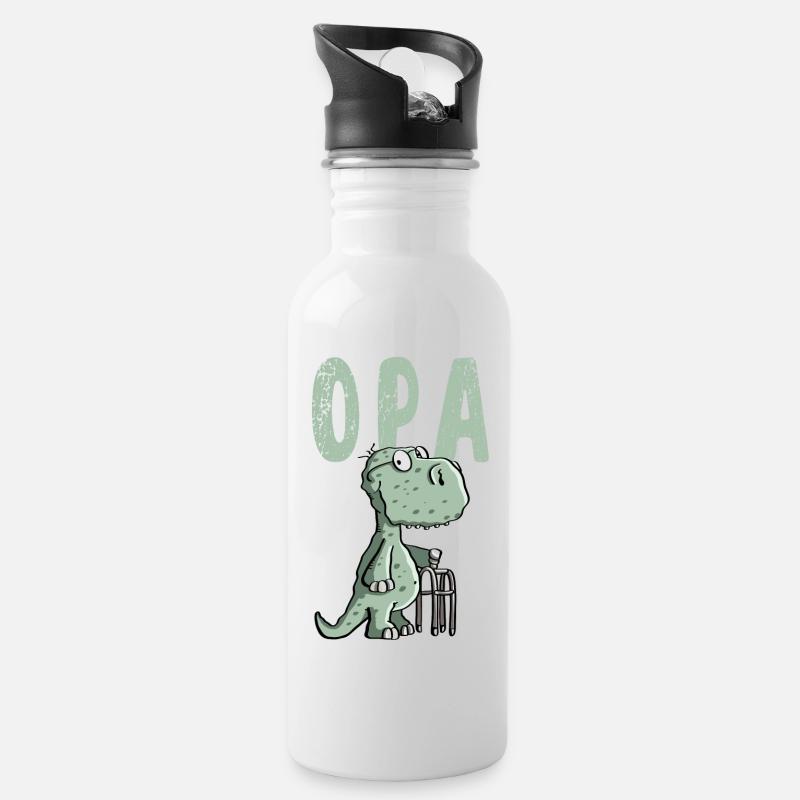 Opa Dinosaurier - Großvater - Geschenk - Trinkflasche mit integriertem Trinkhalm - Weiß