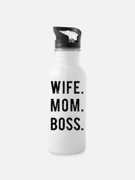 Wife Mom Boss Schwarz - Trinkflasche mit integriertem Trinkhalm - Weiß