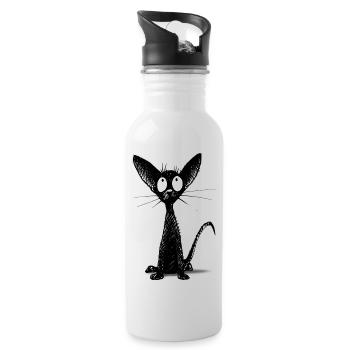 Kleine schwarze Katze - Trinkflasche mit integriertem Trinkhalm - Weiß - Rechts