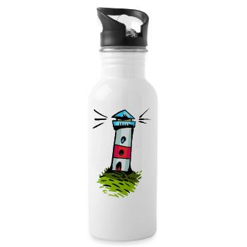 Bunter Leuchtturm auf Grünhügel - Trinkflasche mit integriertem Trinkhalm - Weiß - Rechts