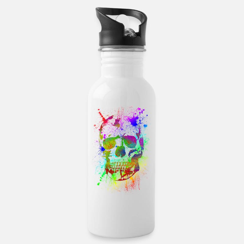 Schädel, Totenkopf, Kunst, Viele Farben, Gothic - Trinkflasche mit integriertem Trinkhalm - Weiß