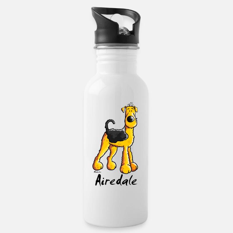 Fröhlicher Airedale Terrier - Trinkflasche mit integriertem Trinkhalm - Weiß