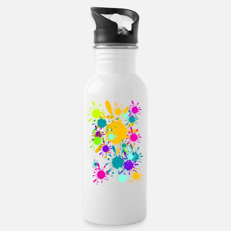 Bunte klekse (b) - Trinkflasche mit integriertem Trinkhalm - Weiß