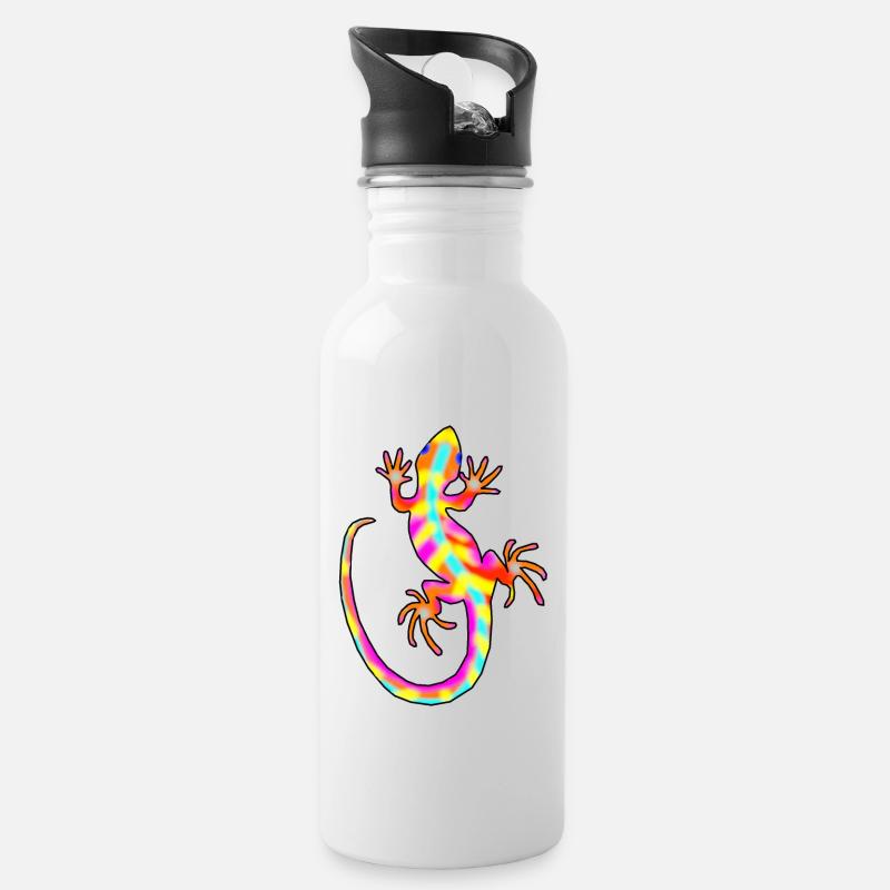 Gecko, bunter Gecko - Trinkflasche mit integriertem Trinkhalm - Weiß
