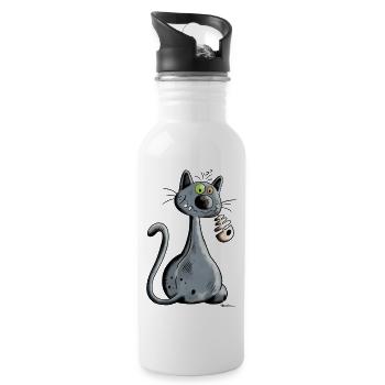 Schwarze Katze - Trinkflasche mit integriertem Trinkhalm - Weiß - Rechts