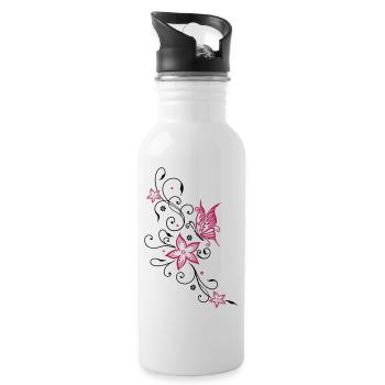 Flowers with filigree floral ornament, butterfly - Water bottle with straw - white - Right