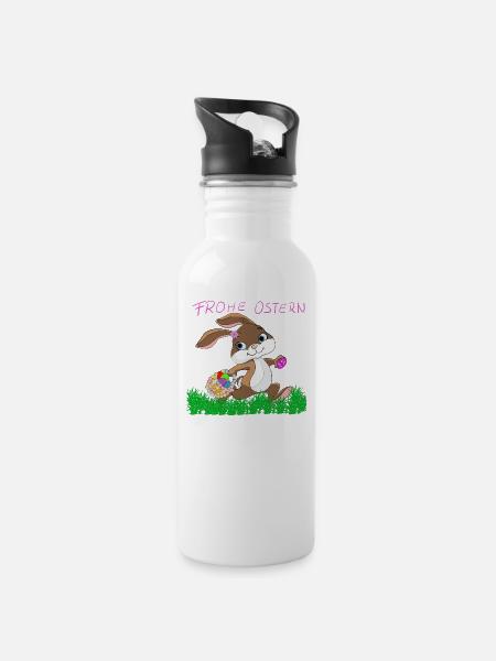 Osterhase mit Korb - Trinkflasche mit integriertem Trinkhalm - Weiß
