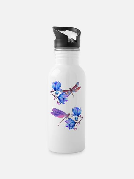 Libellules volant entre les fleurs bleues - Gourde avec paille intégrée - blanc