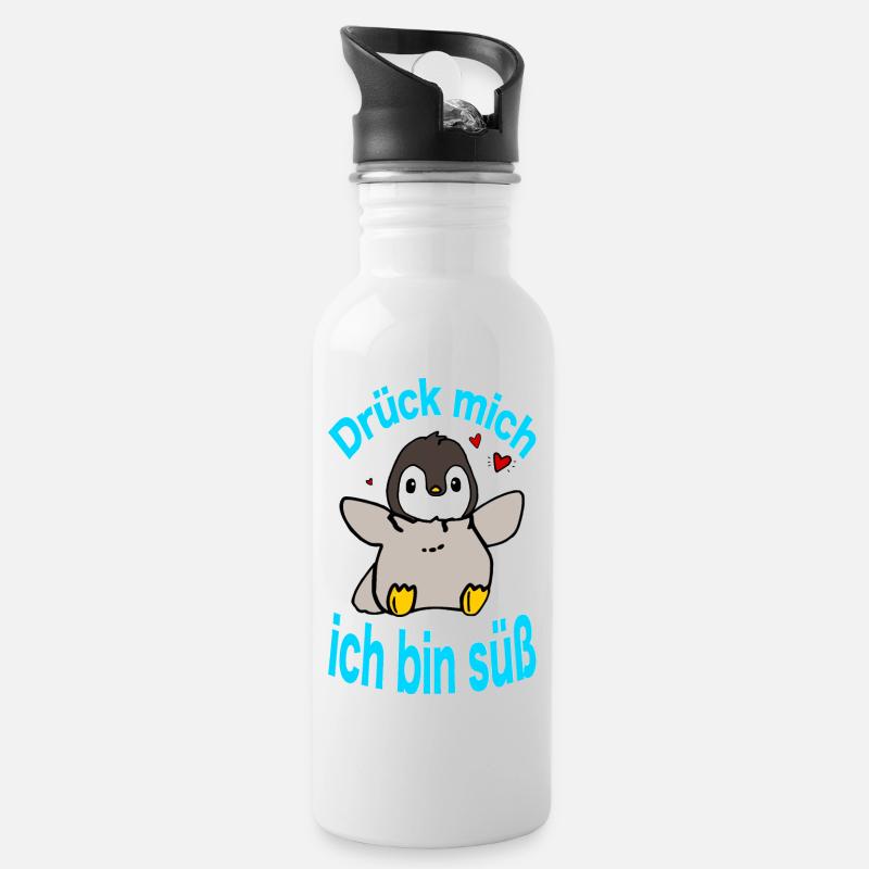Pinguin Drück mich - Trinkflasche mit integriertem Trinkhalm - Weiß