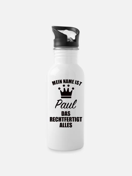 Paul Name Vorname Geschenk - Trinkflasche mit integriertem Trinkhalm - Weiß