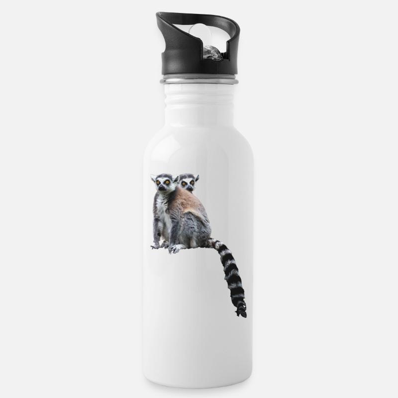 Lemuren Madagaskar - Trinkflasche mit integriertem Trinkhalm - Weiß