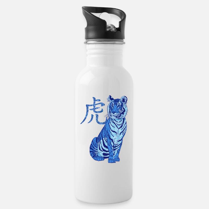 Bleu tigre avec caractère chinois 2022 - Gourde avec paille intégrée - blanc
