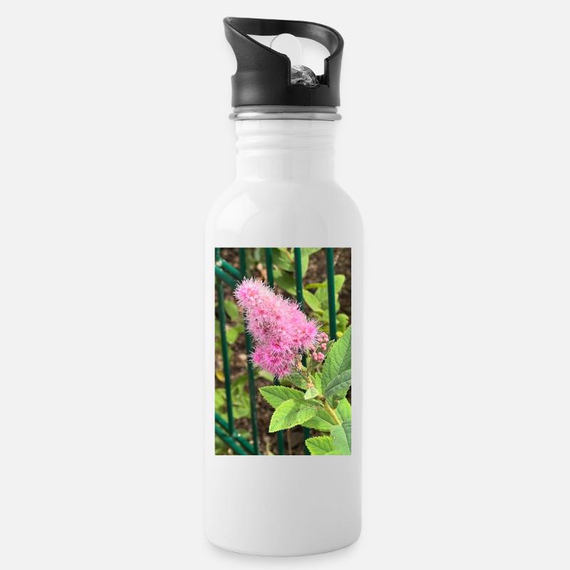 Rosa Blume - Trinkflasche mit integriertem Trinkhalm - Weiß
