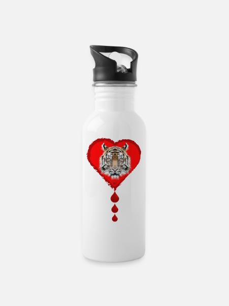 Un dessin de tigre dans le cœur avec des gouttes de sang - Gourde avec paille intégrée - blanc