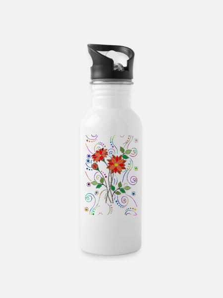 Blumen - Trinkflasche mit integriertem Trinkhalm - Weiß