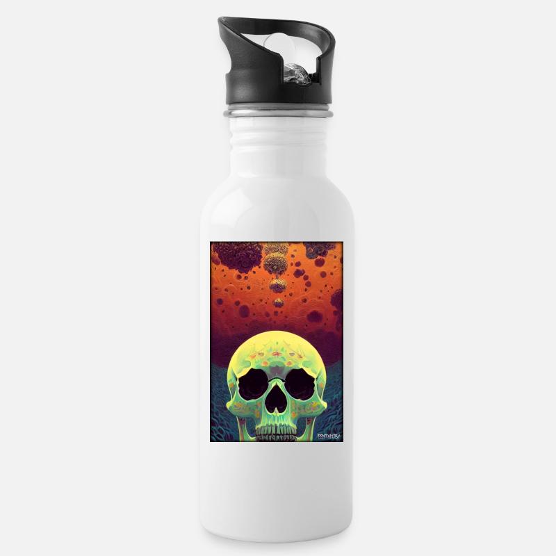 Psy Goa Totenschädel - Trinkflasche mit integriertem Trinkhalm - Weiß