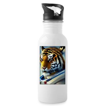 Tiger Big Cat Astronaut Future Sci-Fi Technology - Water bottle with straw - white - Right