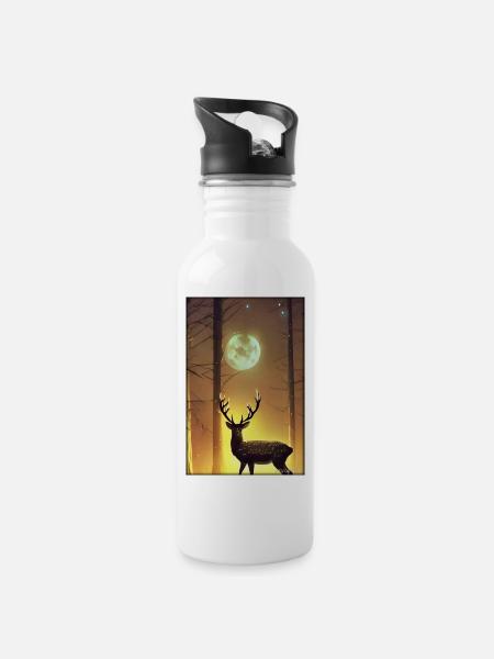 Deer Moon Moonlight Forest Winter Snow Forest Animal - Water bottle with straw - white