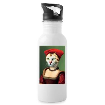 Renaissance Cat Art | Funny Vintage Pet Portrait - Water bottle with straw - white - Right