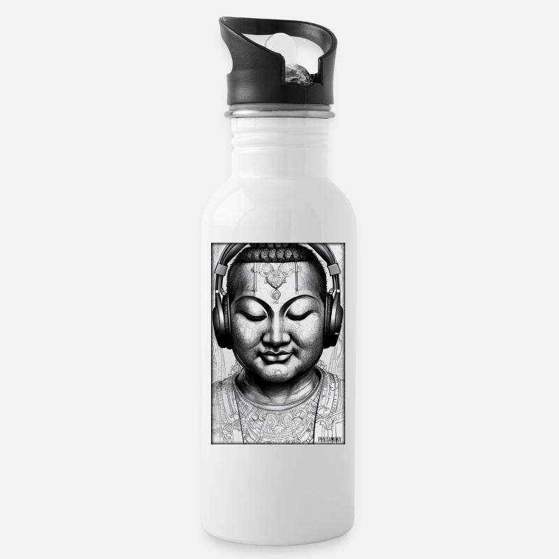 Buddha Weisheitslehrer DJ Kopfhörer Musik Party - Trinkflasche mit integriertem Trinkhalm - Weiß
