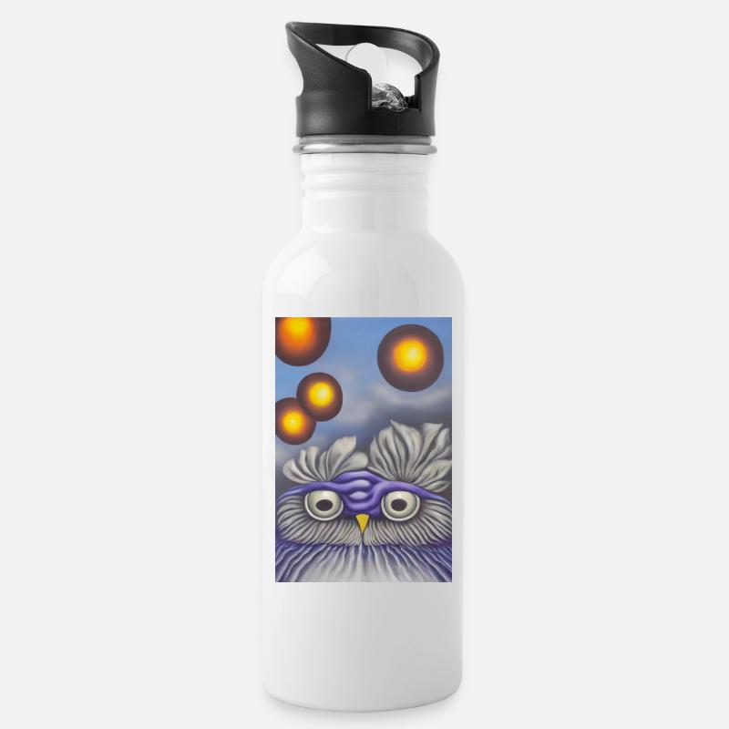 Owl with moon - Water bottle with straw - white